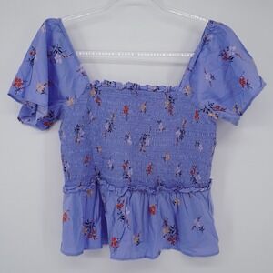 Madewell Smocked Flutter Short Sleeve Top Blouse Aloha Blue Floral Peplum Small